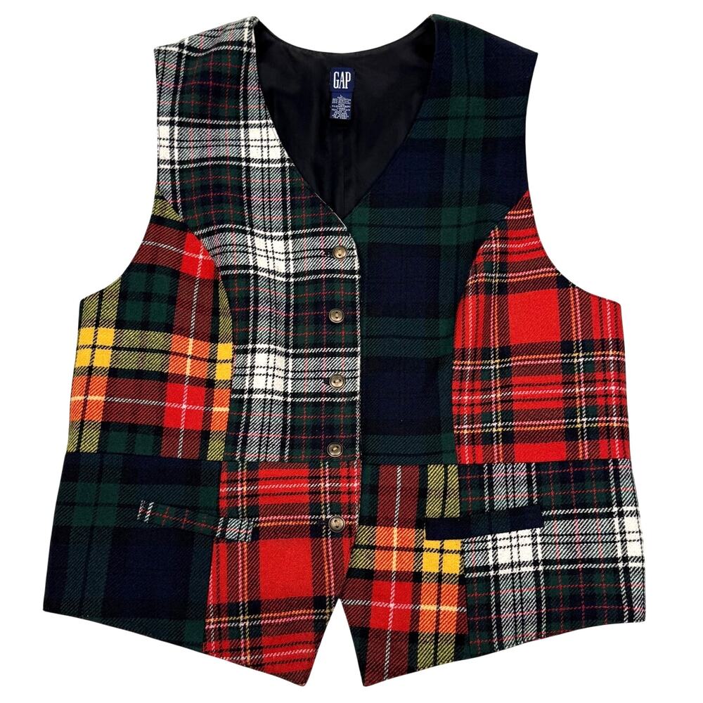 Vintage GAP Plaid Patchwork Vest Wool Blend Heritage Preppy 90s Sz L